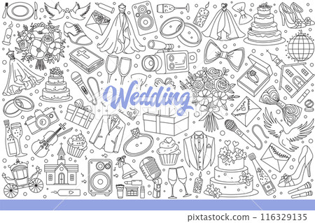 Wedding items for marriage ceremony of bride and groom and bridal party. Hand drawn doodle 116329135