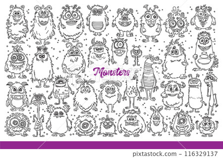 Monsters with scary and funny faces came to life on night halloween, october 31. Hand drawn doodle 116329137