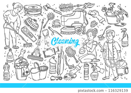 Process of cleaning apartment from housewives or maids doing housework. Hand drawn doodle 116329139