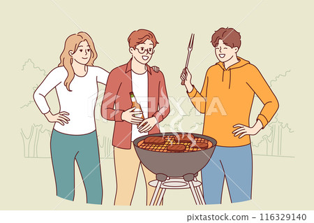 Backyard barbecue party for friends or neighbors grilling meat and drinking beer 116329140