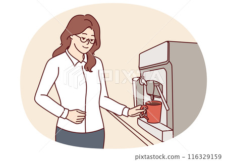 Businesswoman pouring coffee into mug from espresso machine during lunch break in office 116329159