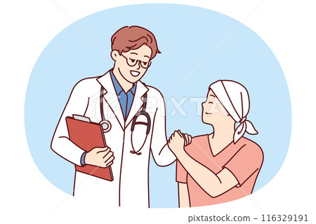 Doctor shakes hands with little cancer patient undergoing chemotherapy to fight cancer 116329191