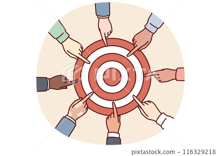 Hands diverse people near target for collaboration for solving joint task and teamwork in business 116329218
