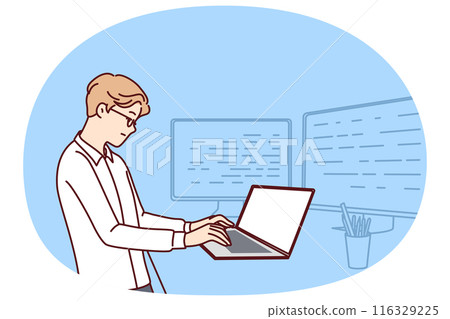 Man software developer is standing at table with laptop and monitors creating server applications 116329225