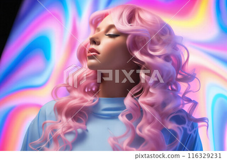 Portrait of a fashionable girl with pink hair on a colorful background 116329231