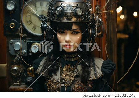 retro portrait of a girl in the art style of dieselpunk or steampunk, on an abstract background of machines, clocks and devices 116329243