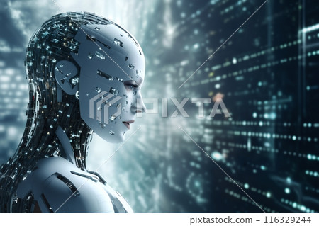 android robot works with computer and data against background of abstract digital space with holographic elements and lights, cyber future 116329244