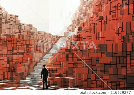 a man stands on a very large stack of many red and white block shapes, in the style of 3D rendering a man stands on a very large stack of many red and white block shapes, in the style of 3D rendering 116329277