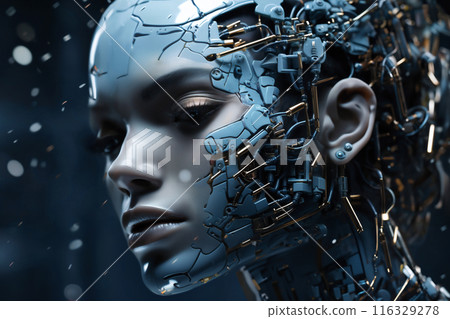 face of female android bio robot, close portrait, concept of cybernetics and biomechanics and robotics of future 116329278