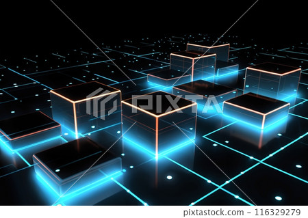 abstract dark mosaic background with many blue block shapes and cubes, hi tech in the style of 3D rendering, digital art 116329279
