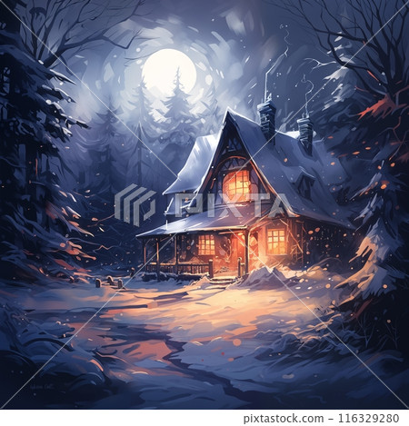 village street in winter season decorated for Christmas or New Year holiday, beautiful view of exteriors of houses , snow, sunset, street lights, festive environment 116329280
