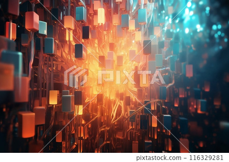 abstract dark mosaic background with many golden and red and blue block shapes, in the style of 3D rendering, digital art 116329281
