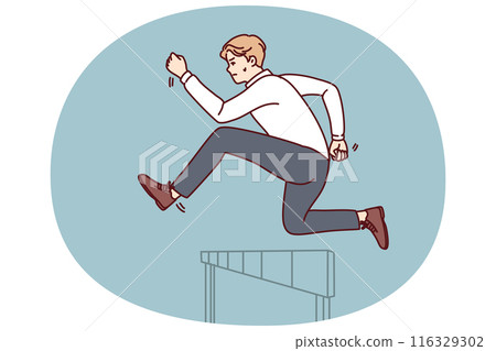 Businessman jumps over obstacle in pursuit of success and new clients for company 116329302