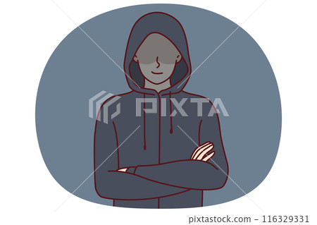 Anonymous man stands with arms crossed and hiding eyes behind hood for concept secret surveillance Anonymous man stands with arms crossed and hiding eyes behind hood for concept secret surveillance 116329331