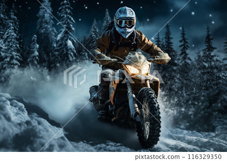 A motorcycle racer is racing in the night forest, a beautiful winter landscape with snow and snowdrifts, wildlife 116329350