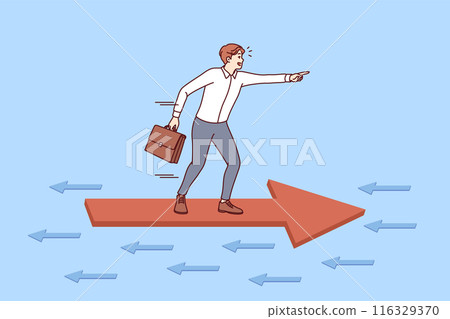 Oppositional actions of investor acting differently, standing on arrow flying in opposite direction Oppositional actions of investor acting differently, standing on arrow flying in opposite direction 116329370