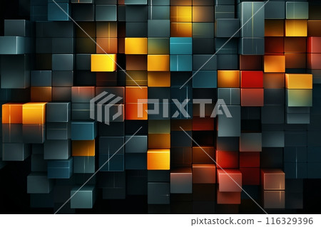 abstract dark mosaic background with many golden and red and blue block shapes, in the style of 3D rendering, digital art 116329396