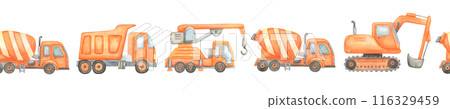 Seamless watercolor border with construction vehicles. Hand drawn clipart set on isolated background. Nursery wall art for boys, frames and fabrics. Seamless watercolor border with construction vehicles. Hand drawn clipart set on isolated background. Nursery wall art for boys, frames and fabrics. 116329459