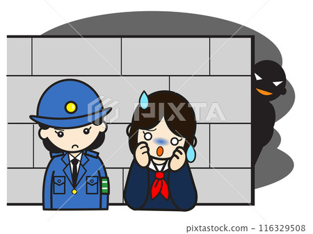 A female student is followed by a suspicious person and consults with a female police officer. 116329508
