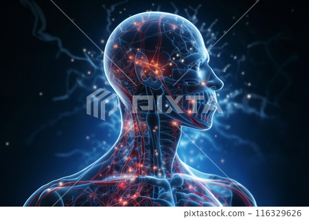 silhouette of a human body with the blood circulatory system and neural connections around head and brain, vegetative system, dark blue background, biotechnology concept silhouette of a human body with the blood circulatory system and neural connections around head and brain, vegetative system, dark blue background, biotechnology concept 116329626