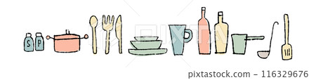 Loose hand-drawn line drawings of cooking utensils and tableware_horizontal_color 116329676