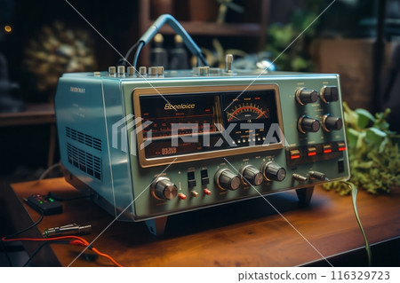 retro analog device for industry and scientific research and measurements, object closeup, concept of retro futurism lamp electronics 116329723