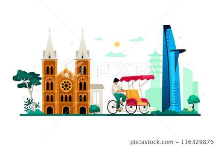 Notre Dame in Ho Chi Minh City and Bitexco- colored vector illustration Notre Dame in Ho Chi Minh City and Bitexco- colored vector illustration 116329876