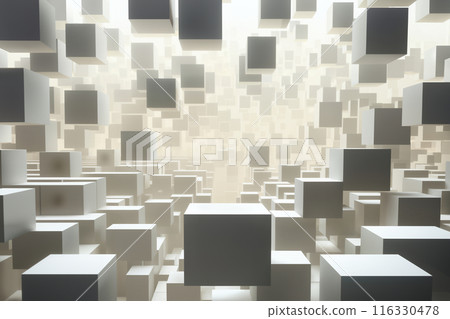 abstract space with dark mosaic background with many white block shapes and cubes, hi tech in the style of 3D rendering, digital art 116330478