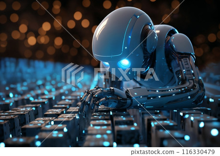digital computer robot android in a space of holographic elements and lights, abstract background, cyber future, digital art concept digital computer robot android in a space of holographic elements and lights, abstract background, cyber future, digital art concept 116330479