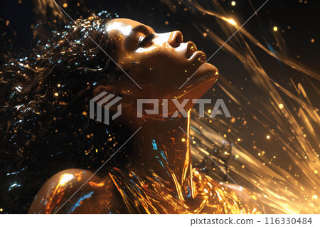 portrait of a beautiful woman with golden particles of light surrounding her face 116330484