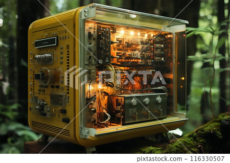 retro electronic device for scientific research and measurements, a close-up object in a forest retro electronic device for scientific research and measurements, a close-up object in a forest 116330507