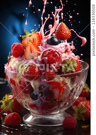 strawberries with creamy splashes, fresh and healthy food 116330508