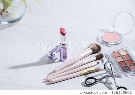 Eyeshadow palette, eyelash curler, makeup brush, lipstick and blush Eyeshadow palette, eyelash curler, makeup brush, lipstick and blush 116330606