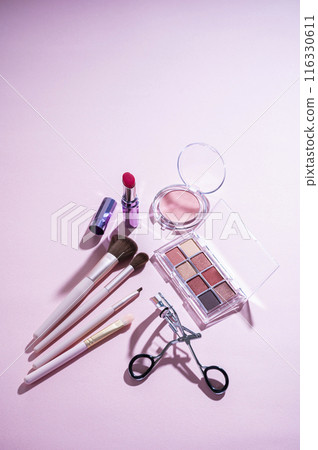 Eyeshadow palette, eyelash curler, makeup brush, lipstick and blush Eyeshadow palette, eyelash curler, makeup brush, lipstick and blush 116330611