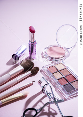 Eyeshadow palette, eyelash curler, makeup brush, lipstick and blush Eyeshadow palette, eyelash curler, makeup brush, lipstick and blush 116330613