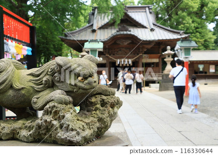 Guardian lions at a shrine and worshippers 116330644