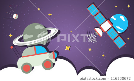 a planetwalker rides against the background of a planet in space a flat illustration of childrens doodles 116330672