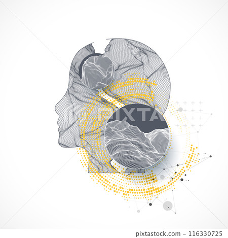 The human head is made in the style of a frame with art elements. Hand drawn Vector. The human head is made in the style of a frame with art elements. Hand drawn Vector. 116330725