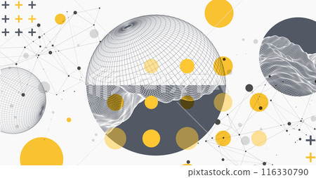 Sphere  theme with connected lines in technology style background. Wireframe illustration. Abstract 3d grid design. Hand drawn. 116330790