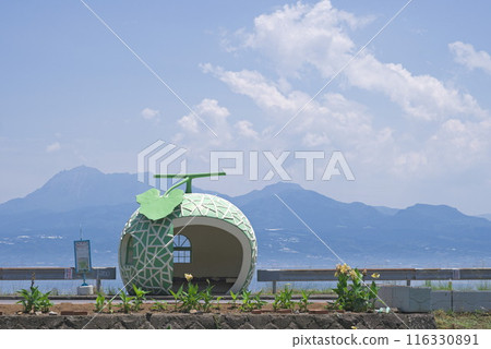 Blue sea and sky and a stylish melon bus stop Blue sea and sky and a stylish melon bus stop 116330891