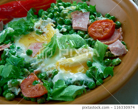 Stewed peas with poached eggs 116330974