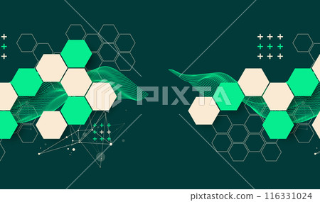 The abstract wave with hexagon is made in a frame style. Template for science and technology presentation. Hand drawn vector art. 116331024
