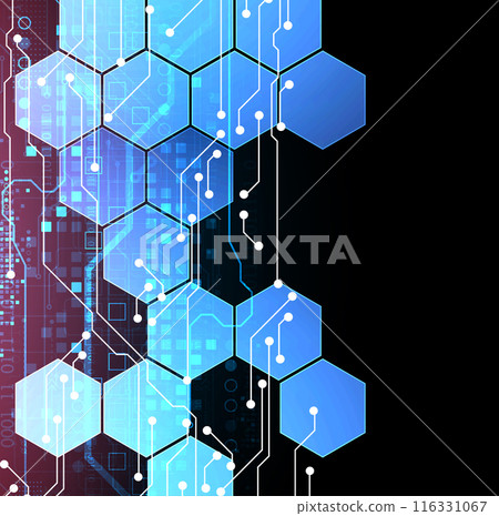 Abstract circuit board and hexagons on gradient color background. Hi-tech digital technology concept. Vector 116331067