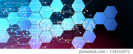 Abstract circuit board and hexagons on gradient color background. Hi-tech digital technology concept. Vector Abstract circuit board and hexagons on gradient color background. Hi-tech digital technology concept. Vector 116331072