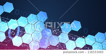 Abstract circuit board and hexagons on gradient color background. Hi-tech digital technology concept. Vector 116331083