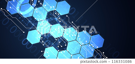 Abstract circuit board and hexagons on gradient color background. Hi-tech digital technology concept. Vector 116331086