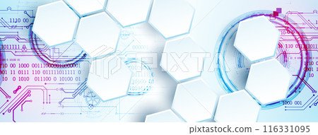 Abstract circuit board and hexagons on gradient color background. Hi-tech digital technology concept. Vector Abstract circuit board and hexagons on gradient color background. Hi-tech digital technology concept. Vector 116331095