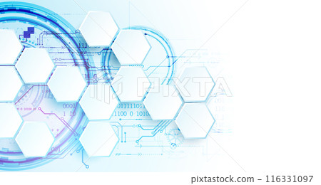 Abstract circuit board and hexagons on gradient color background. Hi-tech digital technology concept. Vector Abstract circuit board and hexagons on gradient color background. Hi-tech digital technology concept. Vector 116331097