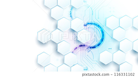 Abstract circuit board and hexagons on gradient color background. Hi-tech digital technology concept. Vector 116331102