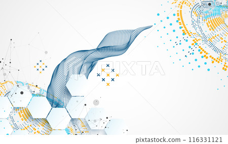 Halftone theme vector with wireframe wave. Science abstract background with connecting dots and lines. 116331121